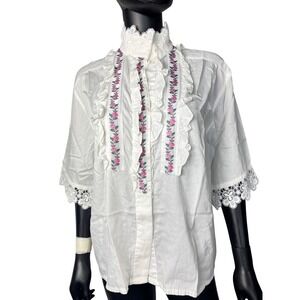 Seidensticker White Floral Embroidered Lace Trim Blouse Top Size 38 Vintage